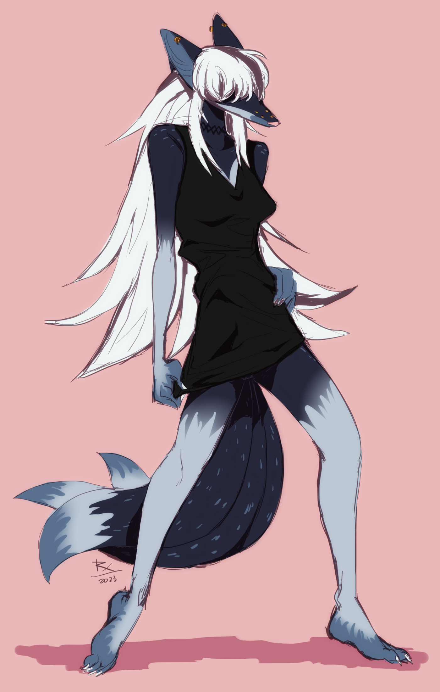 digital fullbody art of Dia. she is standing with her legs a wide apart, with one foot dragging on the ground. she is wearing her usual black shirt, which is slightly bunched, a chocker and nothing else. she had one hand on her hip, while the other slightly tugs the bottom hem of the shirt down.